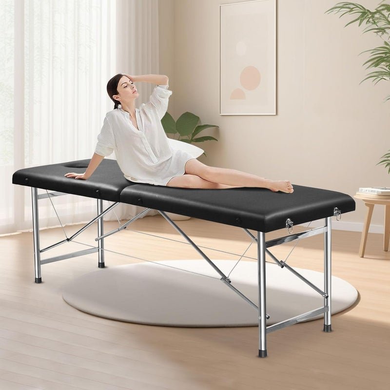 SKY-TOUCH Portable Massage Bed : Foldable Massage Tables with Pillow SPA Bed with Stainless Steel Frame 2 Fold Black for SPA Salon Tattoo Massage Therapeutic Treatment Black