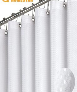 HOMESTAR Long Fabric Shower Curtain, Waffle Weave Heavy Duty Cloth Shower Curtains for Bathroom, Neutral Weighted Hotel Spa Luxury Bath Curtain Set with Plastic Hooks, White
