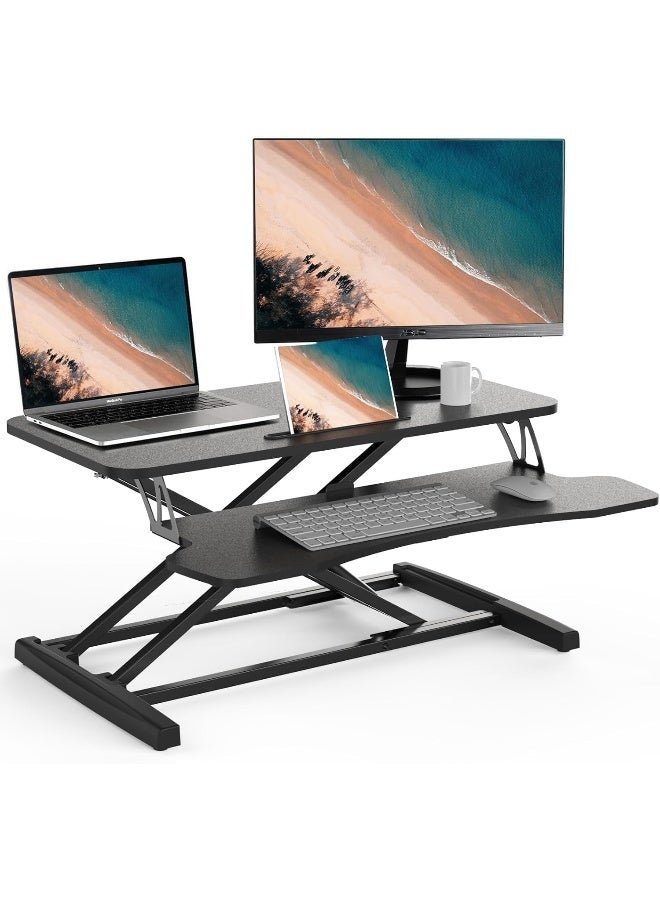 SKY-TOUCH Height Adjustable Standing Desk 32” Wide Sit to Stand Desk Converter with Keyboard Tray, Ergonomic Sit to Stand Up Riser for Home Office Laptop, Black