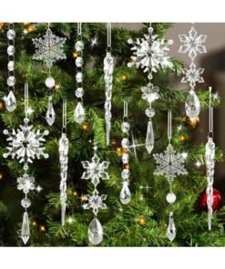 Chielor 18 Pcs Christmas Tree Decoration Crystal Ornaments, Hanging Acrylic Snowflake Icicle Ornaments with Drop Pendants for Winter Wonderland Chandelier Crystals Decorations Supplies