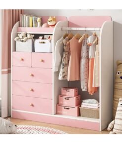 YY-Recheer Kids Wardrobe Wooden Storage Cabinet with Drawers, 125cm Height Kids Bedroom Furniture Closet for Dress up