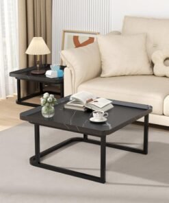 XiuWoo Nesting Square Coffee Table Modern Luxury Coffee Table Set of 2 60cm 50cm Black Marble Finish Minimalist Tea Table for Small Spaces Living Room Office Side Tables with Storage Home Decor