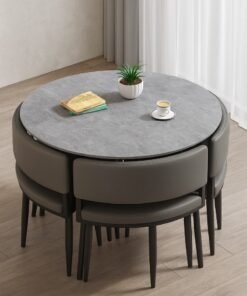 Harmony Home 5-Piece Round Dining Table Set – Grey Ceramic Marble Top with Metal Legs & 4 PU Leather Cushioned Chairs – Modern Dining Furniture for Kitchen & Small Spaces
