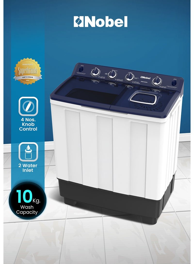 Nobel 10/5 Kg Twin Tub Washer Dryer with 10KG washer and 5KG spin capacity, 1300 RPM, ABS Control Panel, PP Pulsator, Dual Timer, Heavy/Regular Wash, Transparent Lid, Lint Filter 10 kg (1 Year Warranty) 10 kg NWM1200RH White / Black / Gold