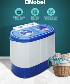 Nobel 3kg Wash / 1kg Spin Capacity Compact Semi-Automatic Washing Machine | With 3 Control Knobs, Durable Plastic Body, IPX4 Rating, Energy-Efficient 60W Wash & 25W Spin Power – NWM300 White 2.5 kg NWM300 White