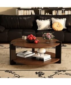 WALALLA Round Oak Wood Coffee Table, 2-Tier Circle Coffee Tables with Storage Rustic Farmhouse Center Circular Coffee Table Modern Contemporary Tea Table for Living Room Bedroom Balcony Office
