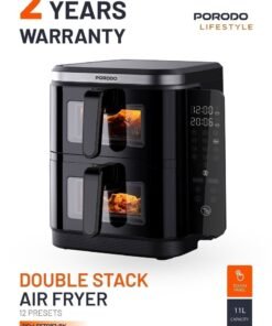 porodo Double Stack Air Fryer 2800W, 11L Capacity with Folding Touch Panel & 12 Presets with Dishwasher Safe Basket– Family Size, Airfryer for Healthy Cooking, Diet Meals, Sport Meals