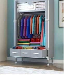 Fabric Wardrobe Clothes Storage Closet with Three Drawer Zipper Foldable Non-Woven Cover Hanging Rod Freestanding Canvas Garment Organizer Rack for Bedroom Home