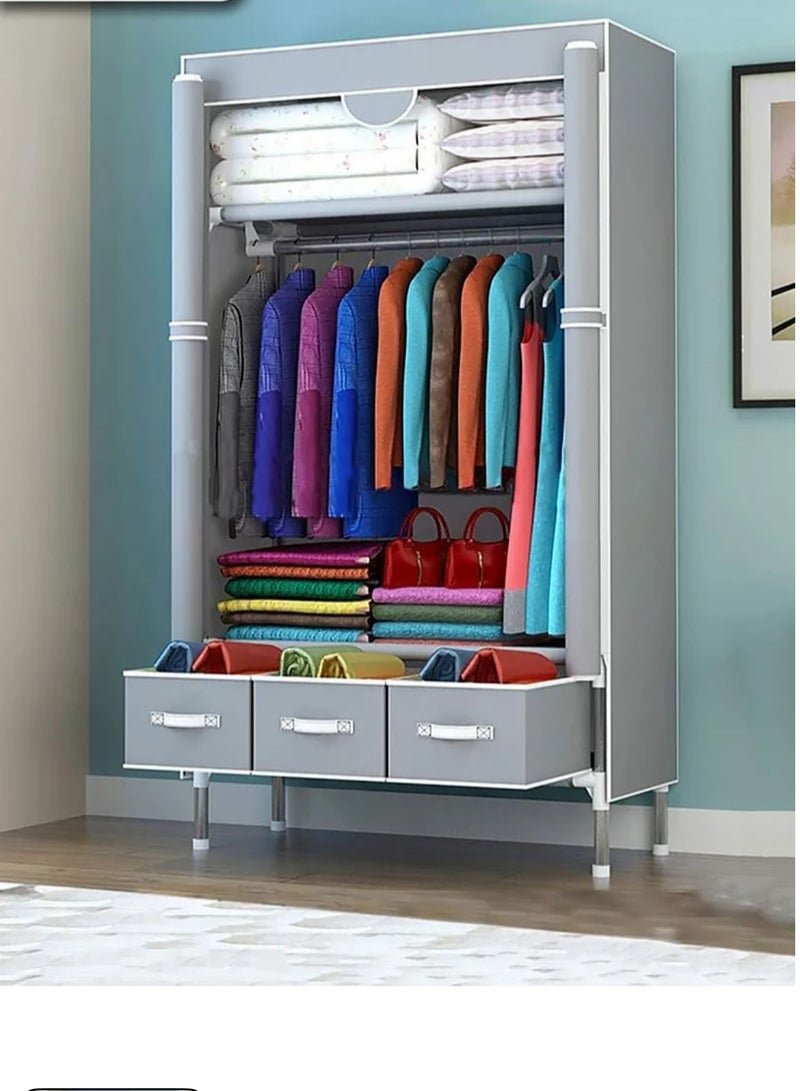 Fabric Wardrobe Clothes Storage Closet with Three Drawer Zipper Foldable Non-Woven Cover Hanging Rod Freestanding Canvas Garment Organizer Rack for Bedroom Home