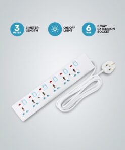 GEEPAS 6 Way Extension Socket 13A - Extension Strip with 6 Led Indicators with Power Switches | 3 Meter Cord| Ideal for All Electronic Devices | 2 Years Warranty White/Blue