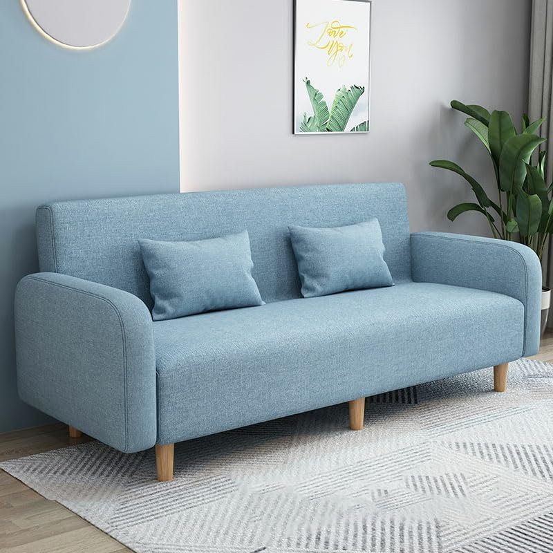 Comfynest Seats 3 Modern Small Solid Wood Frame Foam Filled Sofa With Square Arm - Flannel 150 X 65 X 75 Cm Sky Blue