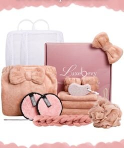 Luxebevy 14-Piece Spa Bath Gift Set for Women – Luxury Pink Coral Fleece Towel Wrap, Hair Towel, Loofah, Back Scrubber, Makeup Pads & More – Premium Bathroom Accessories Gift Box for Birthday & Christmas