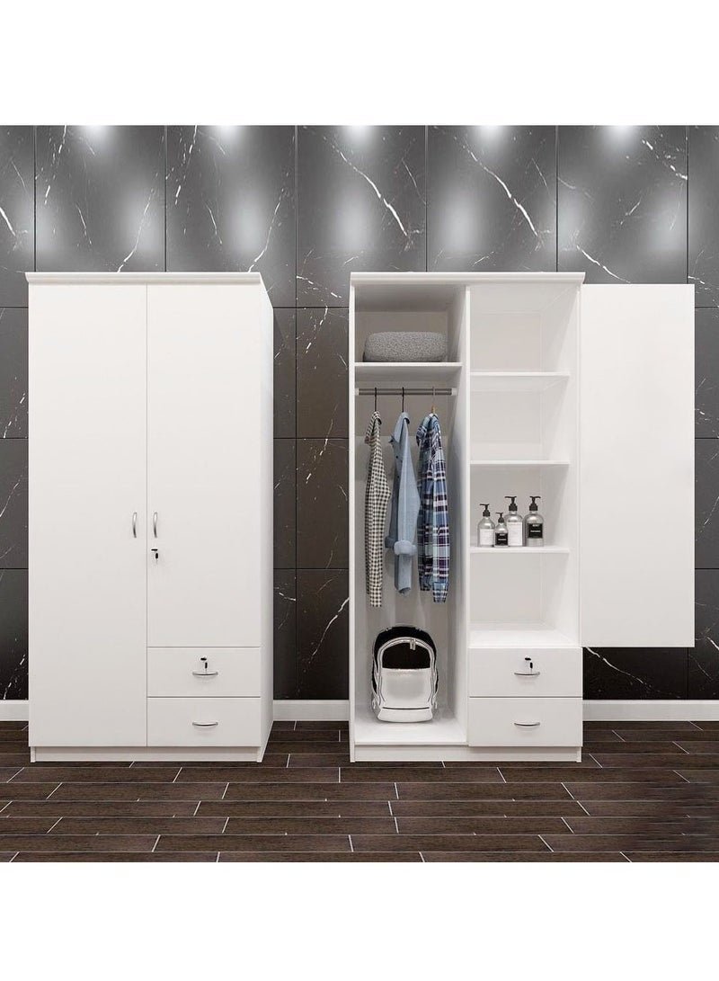 KUSTOMDECO 2 Door Wooden Wardrobe Cabinet | Engineered Wood Bedroom Cupboard with Hanging Space, Shelves & Drawers | Modern White Wardrobe