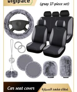 Digipace 17 Pieces Car Seat Cover  Universal Fit Car Front Rear Seat Covers, Fluffy Steering Wheel Covers, Fleece Handbrake Shift Cover, Hanging Accessory Holder Ring Emblem Sticker (Ash Black)