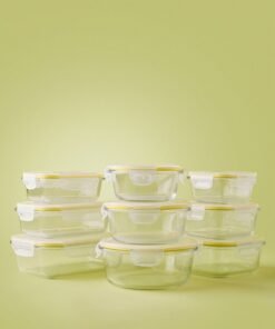 Noon East 9 Piece Borosilicate Glass Food Container Set - Airtight Lids - Lunch Box - Rectangle + Square + Round - Food Storage Box - Storage Boxes - Kitchen Cabinet Organizers - Glass Food Container - Yellow Yellow 9-Piece (Round/Rectangle/Square)