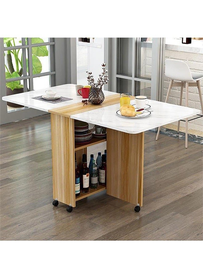 Folding Dining Table Drop Leaf Table with 6 Wheels, Kitchen Table with 2-Layer Storage Shelves, Multifunctional Extension Space Saving Dinner Table for Bedroom Dining Room Home