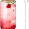DAMCONME Glass Cup with Bamboo Lid and Straw – 1 Pack 16oz Reusable Iced Coffee Cup with Brush – Clear Drinking Glass for Tea, Juice, Water
