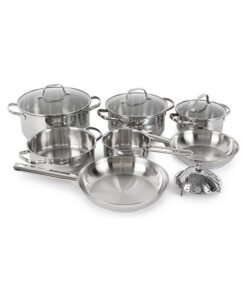 Noon East 11 Piece Premium Stainless Steel 304 (18/10 Cr) tri-ply bottom cookware set, 1x14cm Saucepan, 1x16cm Casserole with Lid, 1x20cm Casserole with Lid, 1x20cm Low Casserole, 1x24cm Casserole with Lid, 1x20cm Frypan, 1x24cm Frypan, 1xFoldable Steam Insert (Fits 20-24cm)