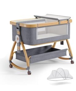 WALALLA Baby Bassinet, Bedside Bassinet for Baby, 4 in 1 Portable Bassinet Bedside Sleeper with Wheels Mosquito Net ,Mattress & Storage Basket,Baby Crib with Changing Station, 6 Height Adjustable Rocking Bassinet for Newborn Baby（Grey）