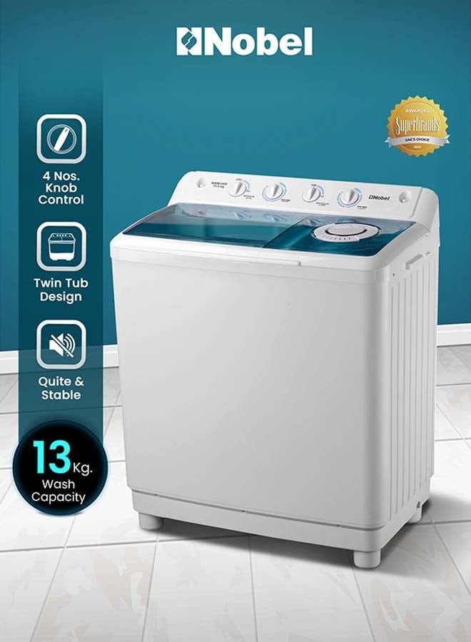 Nobel 13kg Semi-Automatic Twin Tub Top Load Washing Machine – 7.5kg Spin, 4 Control Knobs, Double Layer Cabinet, Blue ABS Lid 13 L 790 W NWM1450 White