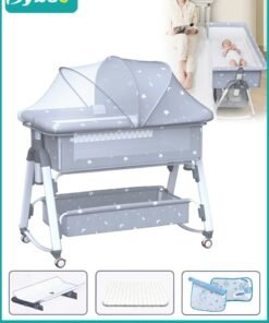 Bybeo 7PCS Baby Bedside Crib, Babies Bed with 360° Swivel Wheels, Portable Folding Bassinet for Infant Newborn, Nursery Beds with Mosquito Net, Mat, Basket, Cooler, Pillow, Diaper Changing Station