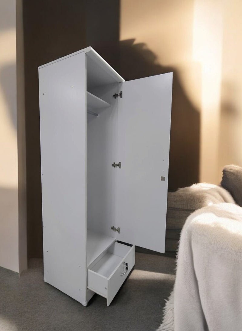 Multi Home Furniture Single Door Wardrobe for Clothes with Drawer Lock, Engineered Wood Storage Cabinet Cupboard for Bedroom Furniture, White Finish Almirah for Clothes - Image 2