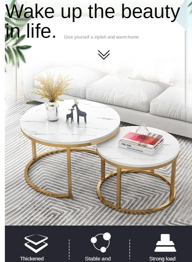 Round Coffee Tables Set of 2, Living Room Nesting Center Tables with White Gold Metal Frame, Modern Side End Tables for Bedroom Balcony Yard