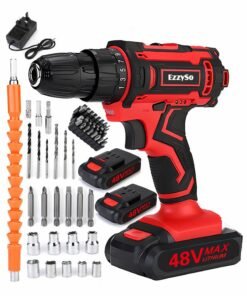 EzzySo 48V Cordless Drill, Two Li-Ion Batteries and Fast Charger, 3/8" Drill Kit, 25+3 Position Clutch, LED Work Light, Variable Speed ​​Drill, 186 lbs of Torque, 24 Accessories + 32-Piece Drill Bit Box