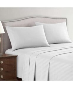 Hotel Linen Klub 3-Piece Queen Bed Sheet Set – 100% Cotton Sateen Stripe Patterned – Size: 240x260cm + 2 Pillowcases 50x75 cm – Ultra-Soft, Luxury Hotel Collection Cotton White 240x260cm