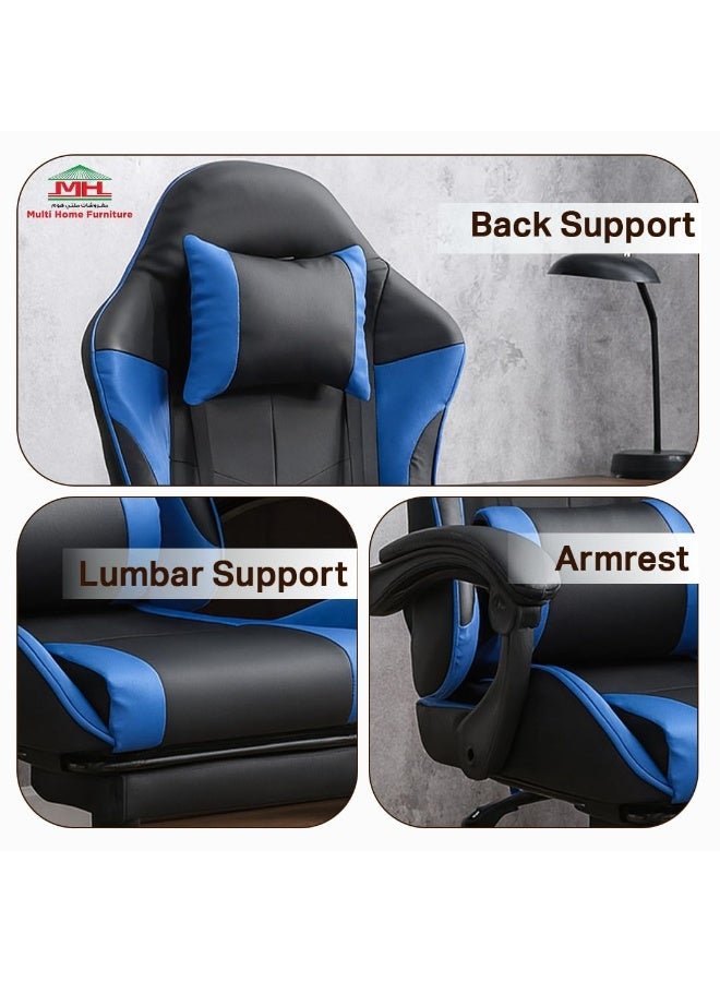Multi Home Furniture Black & Blue Gaming Chair | Ergonomic Chair High-Back Recliner Chair with Adjustable Footrest & Armrest | Racing-Style Office Chair with Lumbar & Headrest Support for Gaming Setup - Image 2