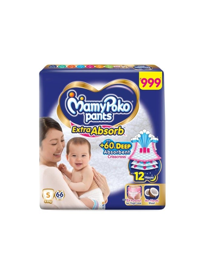 MamyPoko Pants Extra Absorb Baby Diapers, Small (S Size) | 4-8 kg | 66 Count |Deep Sleep Diapers| Soft Gentle fit |Deep Absorbent Crisscross | Skin Friendly with Coconut Oil