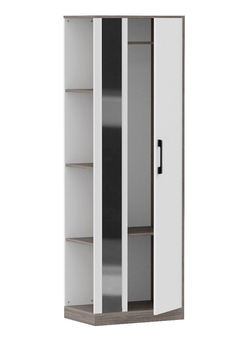 Mahmayi Modern Single Door Wardrobe with 3 Open Side Shelves, Mirror and Hanging Rods Efficient Storage for Home, Bedroom Anthracite Sherman Oak