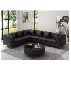 Maharat Al Bahar Black Luxury L-Shaped leather Chesterfield Sofa - 6-Seater with SILVER Legs - Classic Tufted Design for Elegant Living Rooms