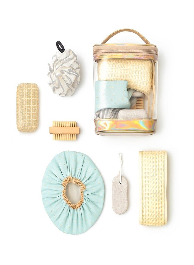 Wishkey 6-Piece Bath Spa Set for Women Shower Cap Bath Loofah Pouf Back Scrubber Strap Nail Brush Pumice Stone & Loofah Pad Body Scrub Kit for Shower & Bath Gift Set For Girl