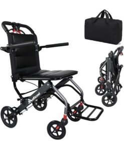 Cool Baby Style Ultra-Light Aluminum Alloy Wheelchair, Portable Foldable Travel Wheelchair for Elderly & Disabled with Shock Absorption, Compact Manual Mobility Chair – Black