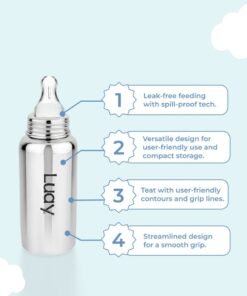 Luay Stainless Steel Baby Feeding Bottle 250 ml Includes 3 Extra Soft Silicone Nipples | BPA-Free & Plastic-Free Infant Milk Bottle | Anti-Colic Newborn & Baby Bottle