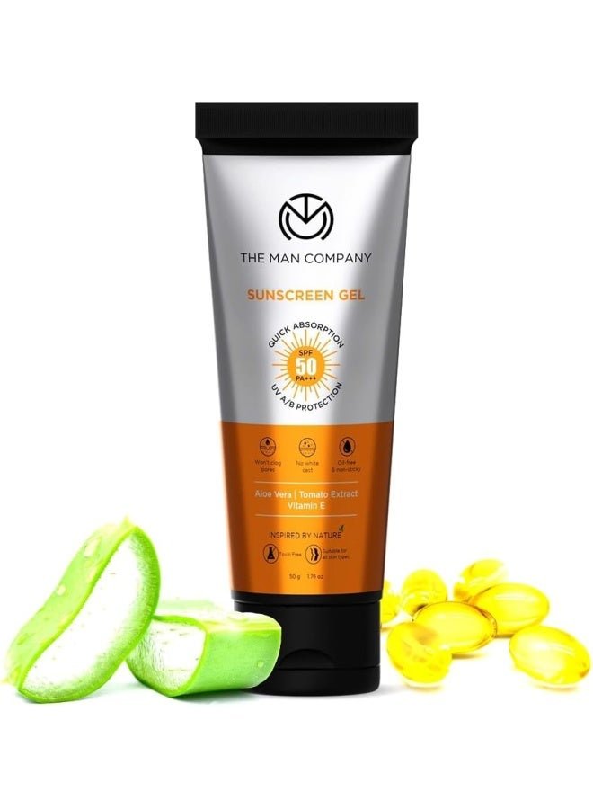 The Man Company Oil-Free Sunscreen Gel SPF 50 PA+++ For Men- 50gm | Infused with Aloe Vera, Tomato Extract & Vitamin E | UV A/B Protection | No White Cast & Quick Absorption | For Oily Skin