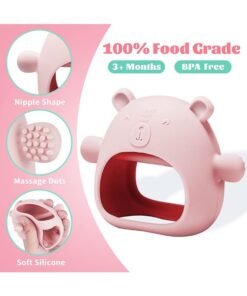 Alternative view of Bebiland Silicone Teething Mitten with Cute Bear Shape, BPA-Free and Anti-Drop Teether Toy for Baby Soothing Teething Pain Relief, Pink