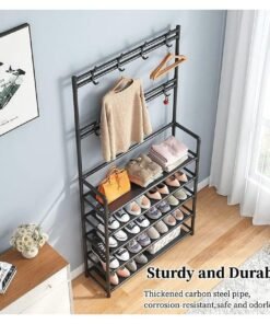 YOMA Shoe Racks Storage , Coat and Shoe Rack , Coat Rack with Shoe Storage , Upgrade 5 Tier Shoe Rack , Black Shoe Rack , Shoe Storage Organizer , Shoe Shelf with 8 Hooks for Bedroom , Hallway , Office 80 X 29.5 X 172 CM