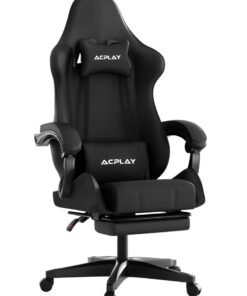 ACPLAY Gaming Chair with Retractable Footrest, Ergonomic Design, High Back, Reclining Function, Height adjustible, Neck and Lumbar Support, Silent Casters - Ideal for Racing, Office, and Computer Use Black