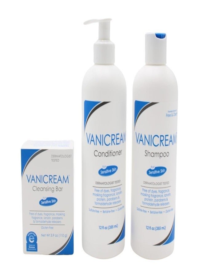 Vanicream Bundle Kit includes Vanicream Cleansing Bar (3.9 oz), Vanicream Shampoo (12 fl oz), and Vanicream Conditioner (12 fl oz)-a complete gentle skincare and haircare solution for sensitive skin.
