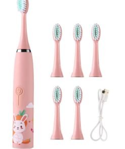 Super ZYouth Kids Rechargeable Electric Toothbrush With Timer, 6 Brush Heads, Rabbit, Pink