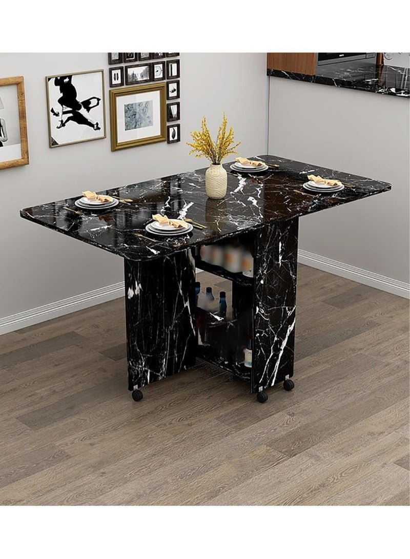 Folding Dining Table Drop Leaf Table with 6 Wheels, Kitchen Table with 2-Layer Storage Shelves, Multifunctional Extension Space Saving Dinner Table for Bedroom Dining Room Home