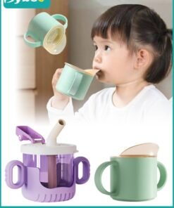 Bybeo 2PCS Baby Sippy Cup with Straw, Silicone Straw Cup + Trainer Cup with Deflector Cap for Boys Girls Child Drinking Water, Spill Proof Sippy Cups with Double Handles for Easy Grip, 150ml+300ml