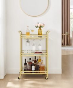 Alternative view of VASAGLE 3-Tier Drinks Trolley, Gold Bar Serving Trolley on Wheels, with Mirrored Glass Shelves, for Small Spaces, Kitchen, Dining Room, Living Room, Home Bar, 38 x 60 x 92 cm, Gold