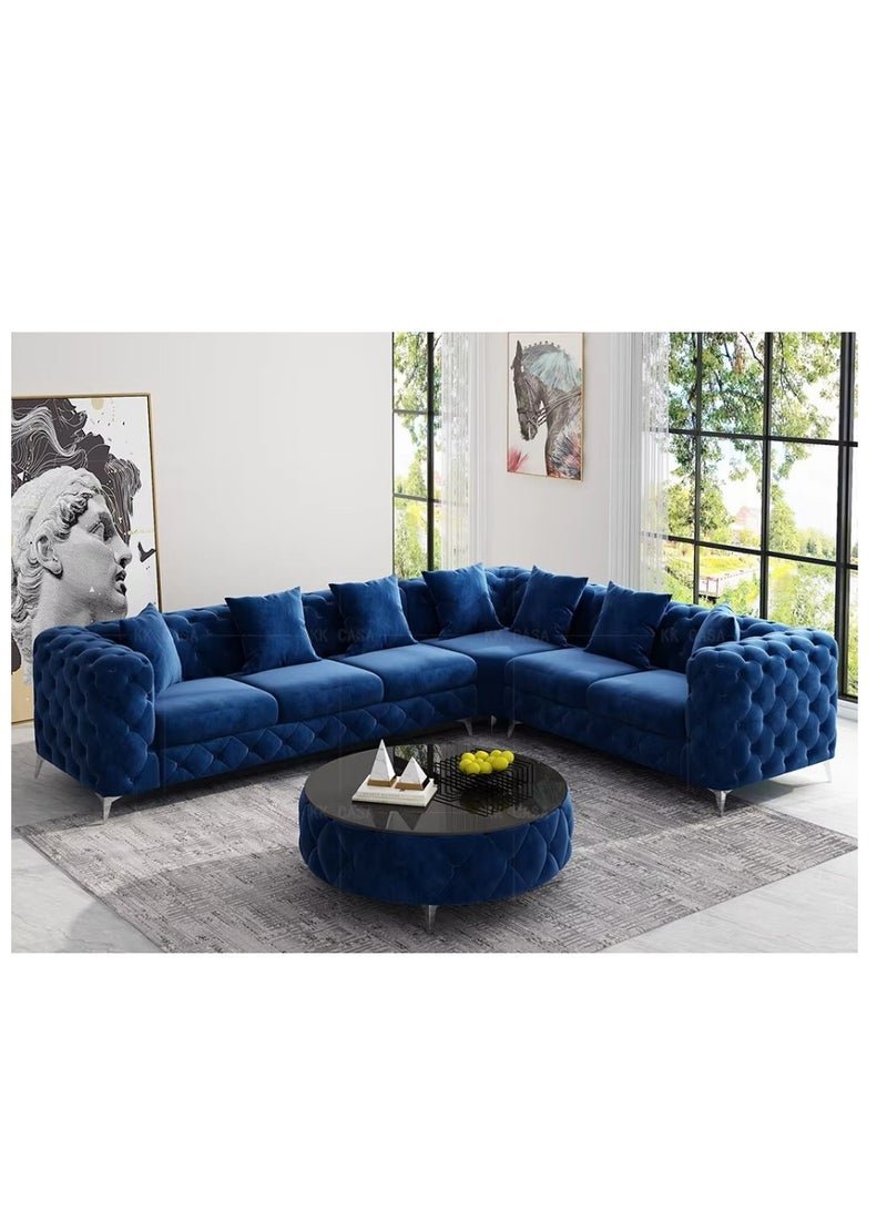 Maharat Al Bahar Luxury L-Shaped Royal Blue Velvet Chesterfield Sofa - 6-Seater with Golden Legs - Classic Tufted Design for Elegant Living Rooms
