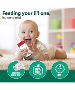 Luvlap Natura Flo Wide Neck Glass Feeding Bottle, New Born/Infants/Toddler Upto 3 Years, BPA Free, Ergonomic Shape is Easy to Hold, with Anti Colic Nipple, 250ml