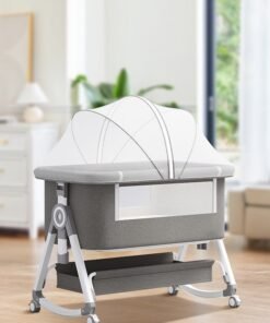 Soft Touch 4 In 1 Baby Bedside Crib Toddler Bed with 6 Height Adjustable Foldable Infant Bessinet with Storage Basket Baby Sleeping Bed with Soft Mattress and Mosquito Net for Infant Newborn