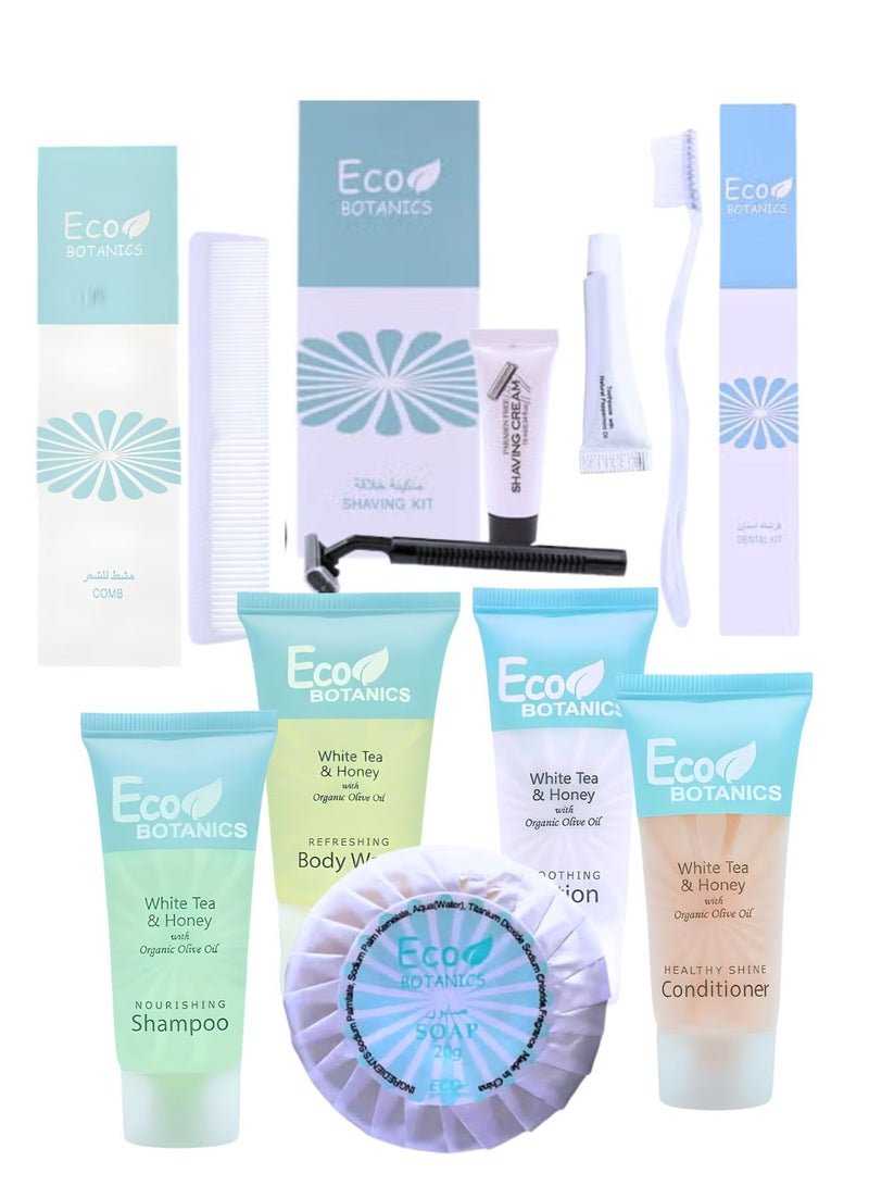 Eco Botanics 200-Piece Hotel Amenities Kit – White Tea & Honey with Organic Olive Oil | Shampoo, Conditioner, Body Wash, Lotion, Soap, Dental & Shaving Kit, Comb Set
