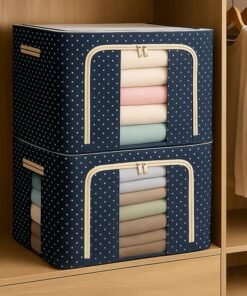 JD FRESH 2 Pcs 66 Liters Foldable Steel Frame Cloth Organizer for Storage/Wardrobe Organizer for Storage/almirah organizer for Sarees/Shirts/Blankets/Clothes Storage Box with Handle - (Blue)